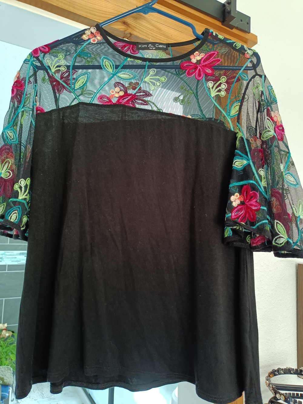 Kim & Cami Black Top with Multicolor Floral Embroidered Mesh Yoke